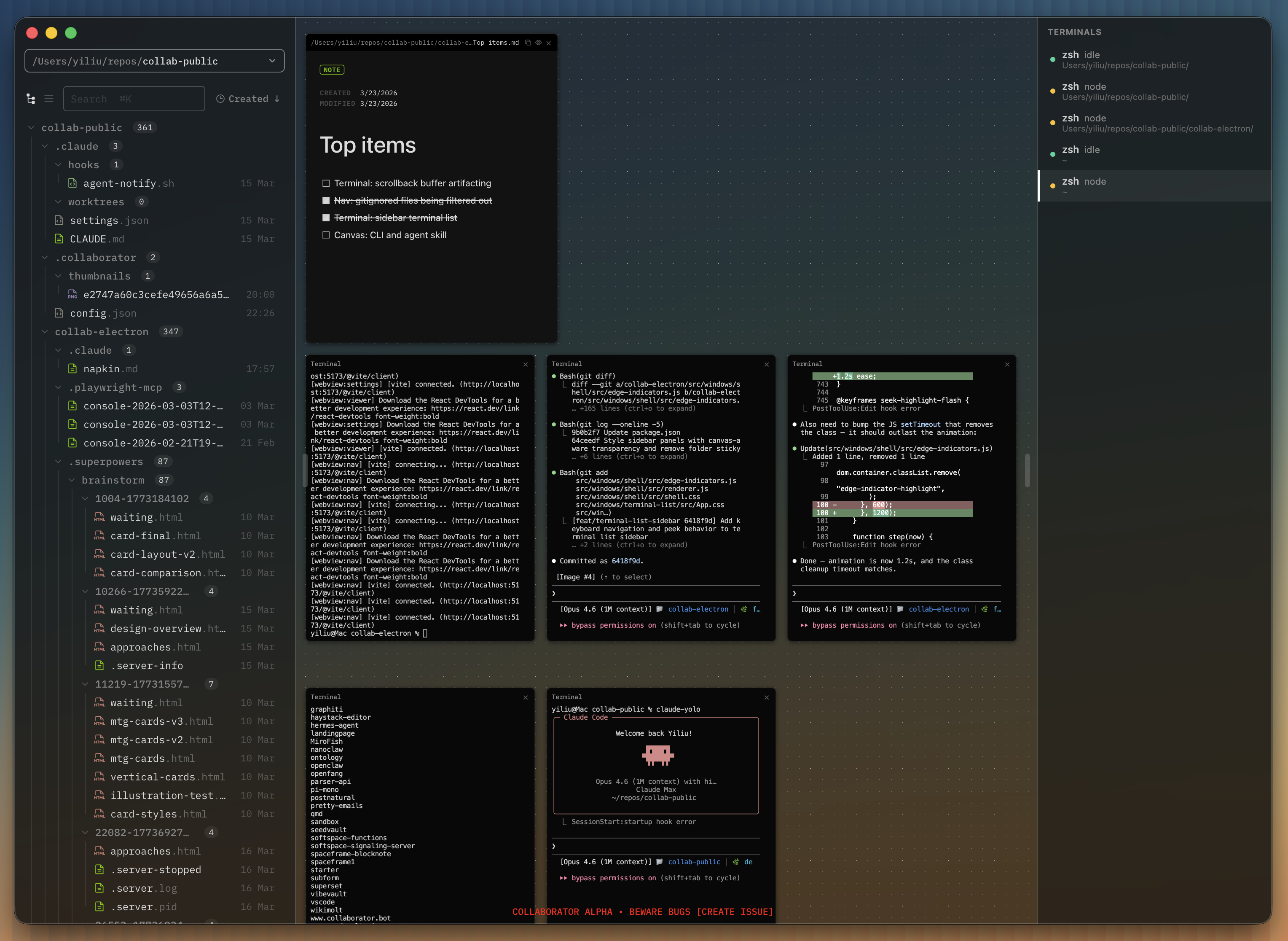 Collab: a sidebar of projects and worktrees beside a rail of agent terminals and a note