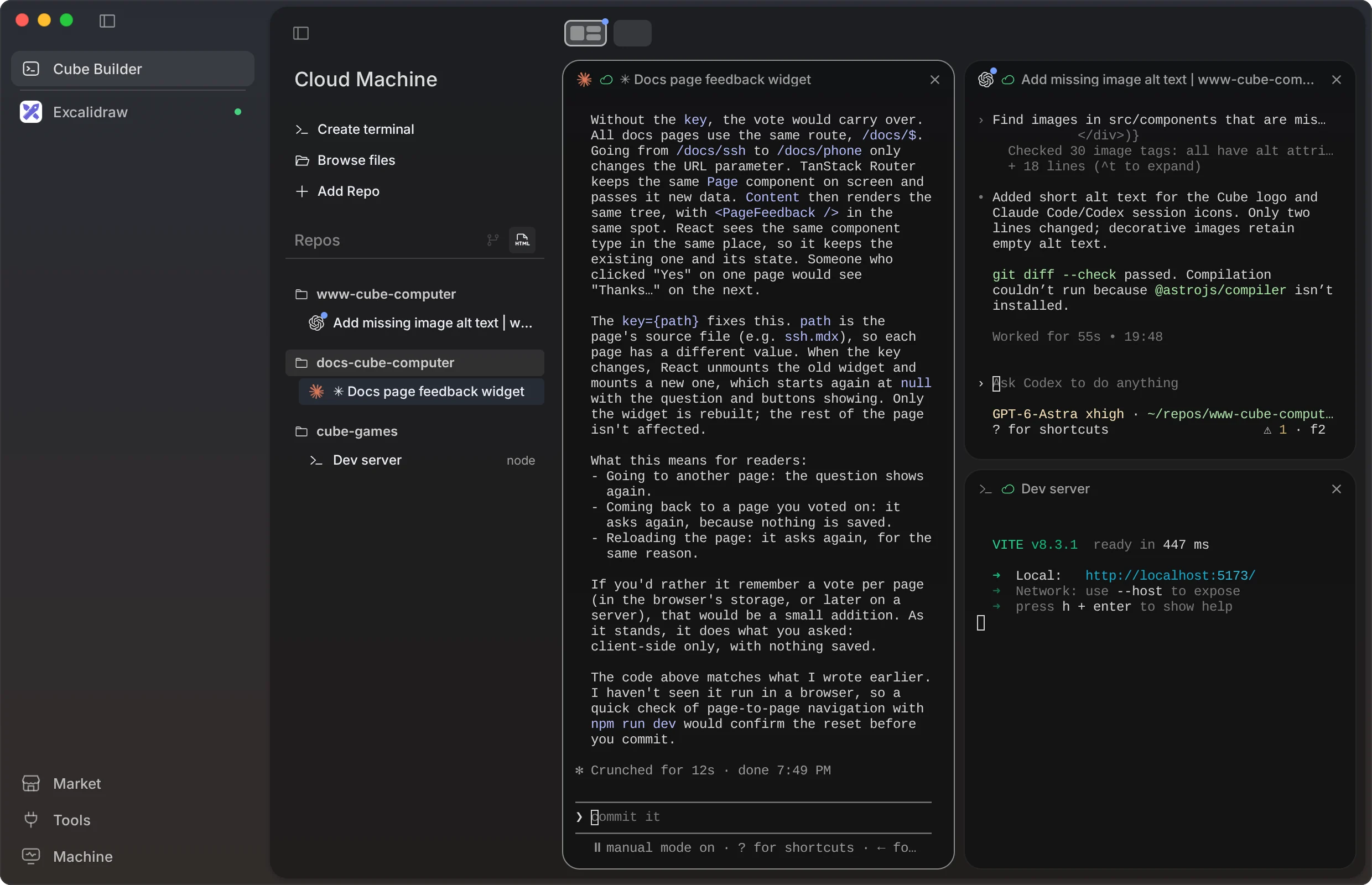 Cube Builder on a cloud machine: repositories in the sidebar, Claude Code explaining a change and Codex adding alt text side by side, and a dev server running in a terminal