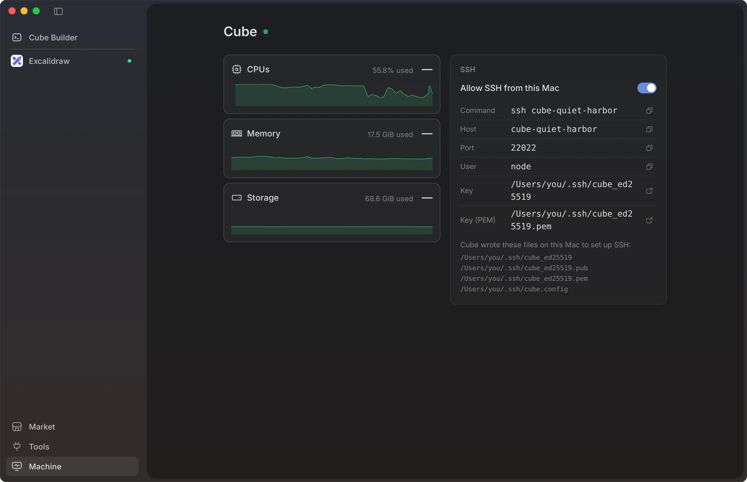 The Machine screen of a Cube: live CPU, memory and storage graphs, and the SSH command, host, port and keys for connecting from your Mac